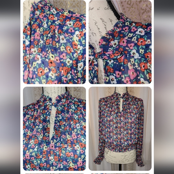 🌹Rachel Zoe blue floral puffed sleeve smocked waist/cuff tie neck, sz med - Picture 6 of 9